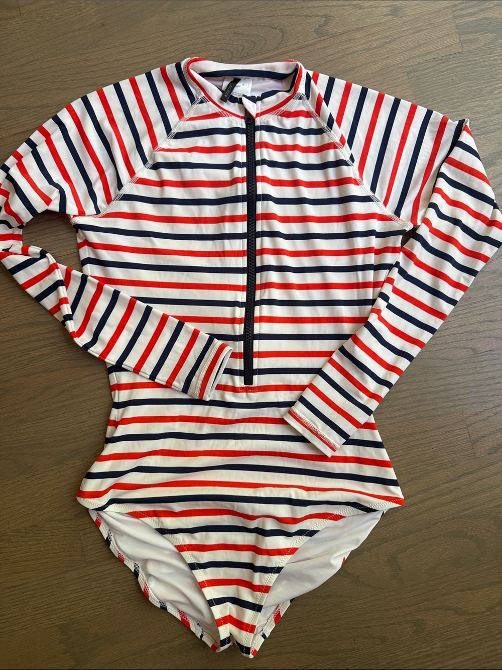 J. Crew Striped Long-Sleeve One-Piece Swimsuit in White, Red & Navy